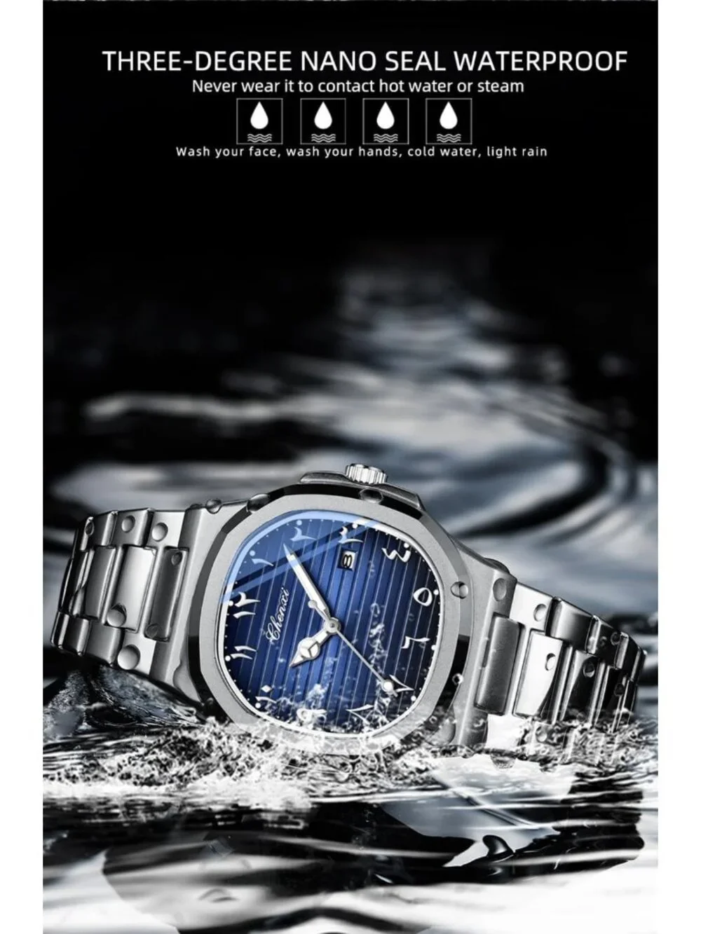 Men's Silver Blue Stainless Steel Strap Quartz Movement Waterproof Wrist Watch